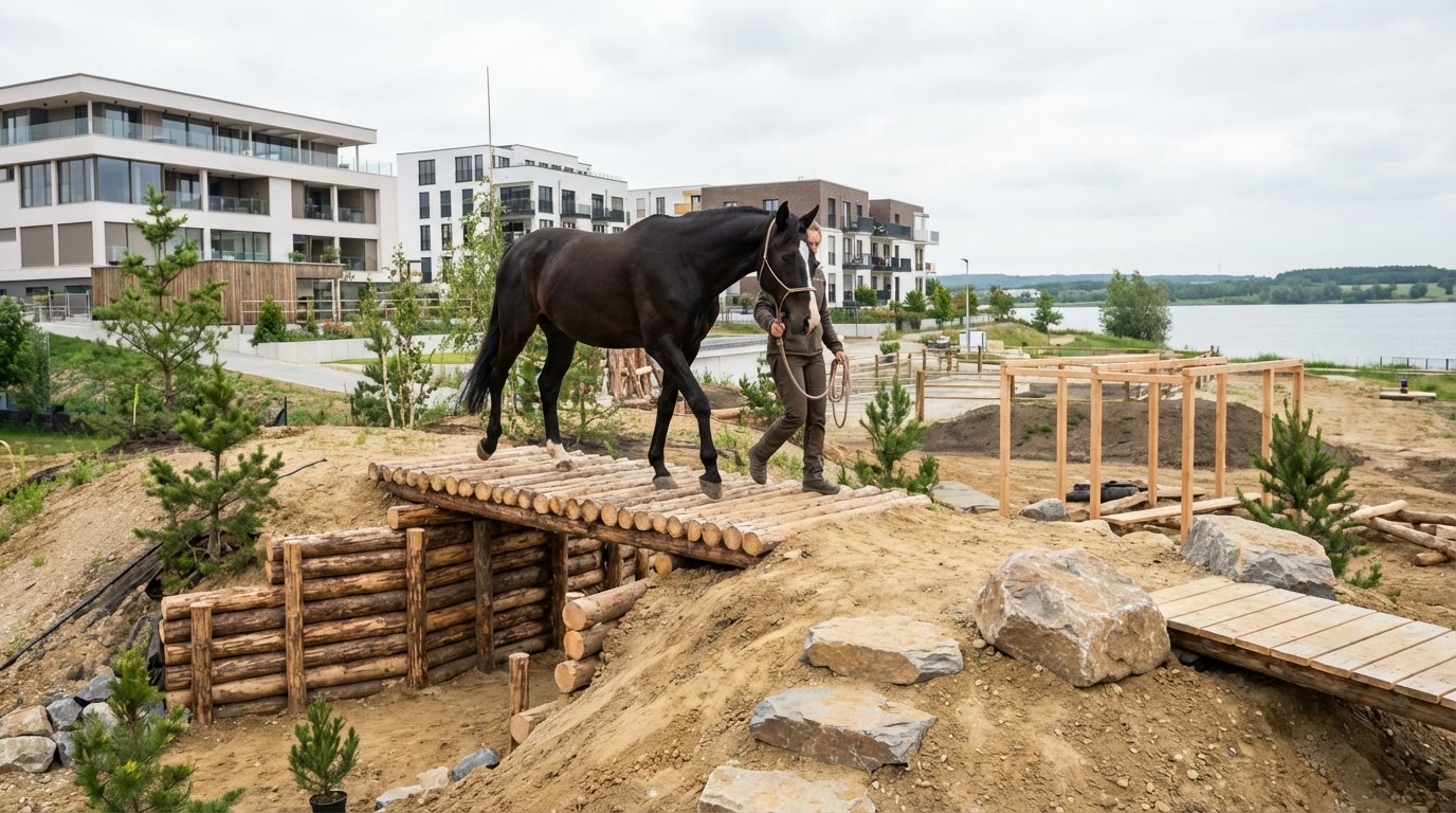 Pferd überquert eine Baumstammbrücke auf dem Extreme-Trail-Parcours am Zwenkauer See