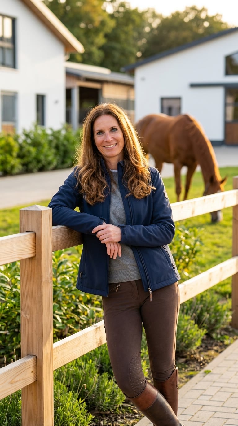 Mandy Kolatka lehnt an einem Zaun auf dem Reiterhof am Zwenkauer See